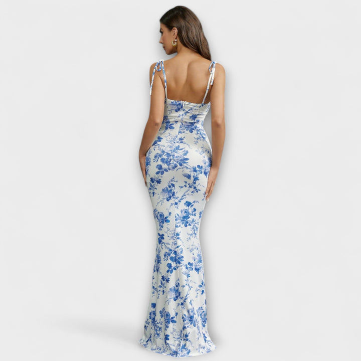 Thalia - Robe de bal imprimé floral avec bretelles nouées aux épaules