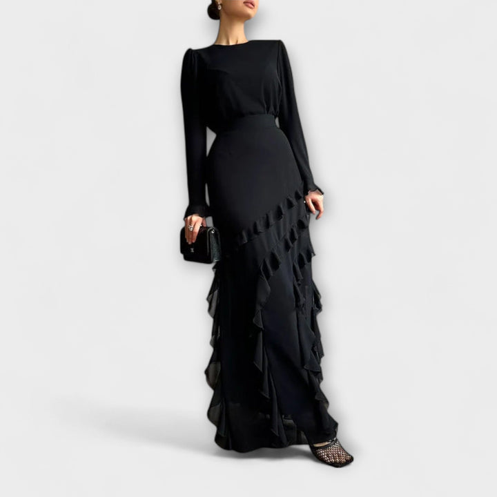 Fallon - Robe longue ajustée avec volants tridimensionnels