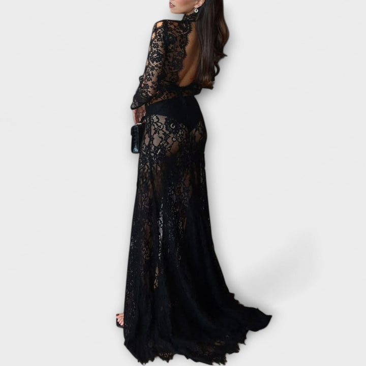 Azalea - Robe maxi élégante de minuit à manches longues transparentes avec découpes et tissu stretch