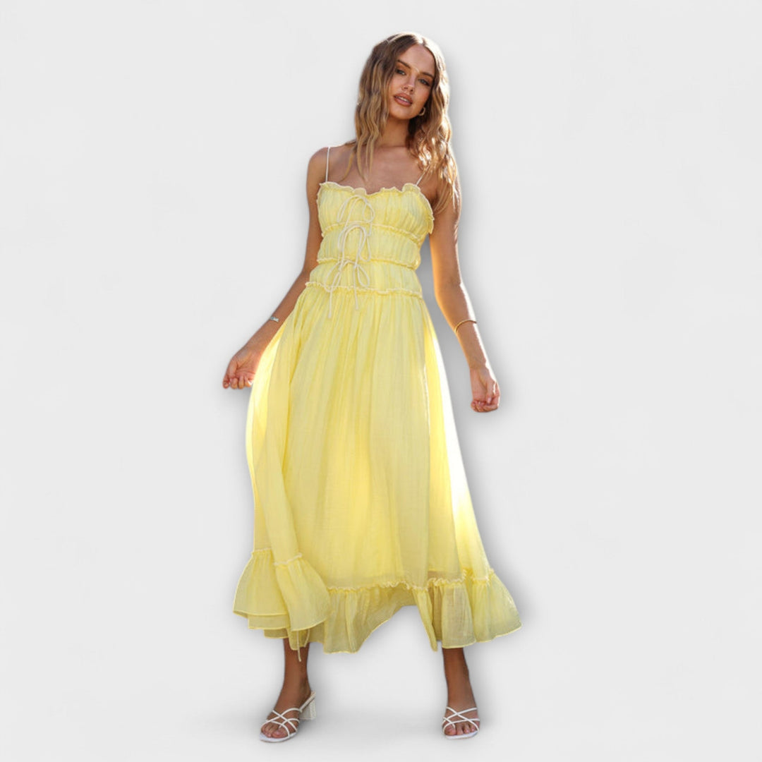 Celine - Robe midi sans manches à ourlet à volants