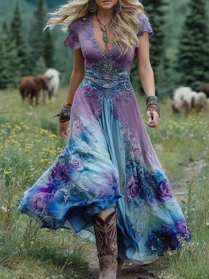 Robe courte maxi imprimée dégradé violet lavande et fleurs chic