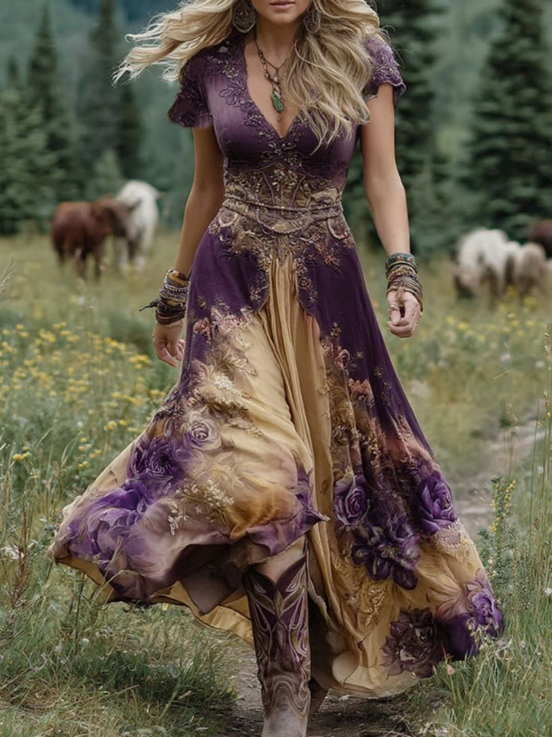 Robe courte maxi imprimée dégradé violet lavande et fleurs chic