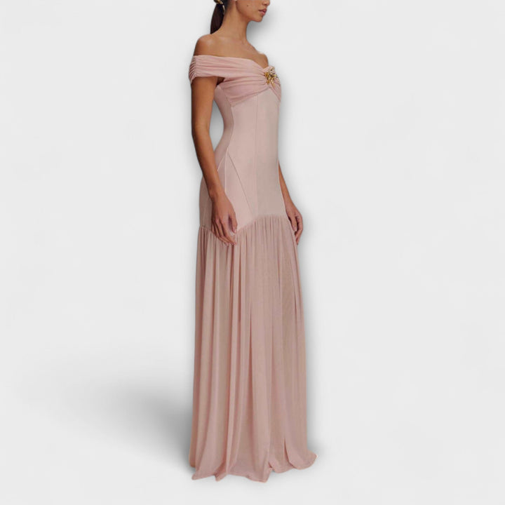 Maelie - Chic Strapless Bodycon Maxi Dress with Floral Embellishments