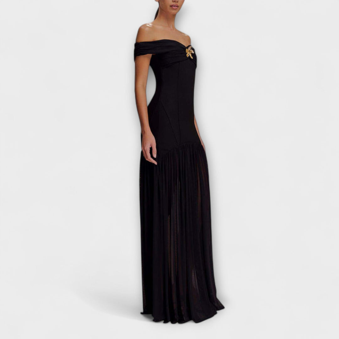 Maelie - Chic Strapless Bodycon Maxi Dress with Floral Embellishments