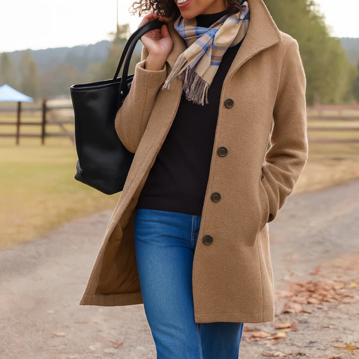 Trench-coat classique long pour femme en mélange de laine avec boutons sur le devant