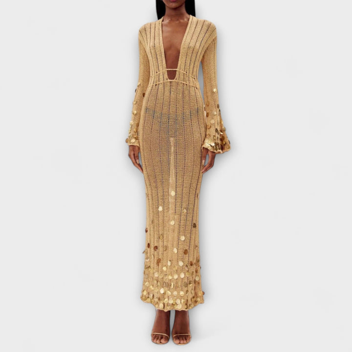 Kathleen - Robe maxi en maille dorée par Dolly