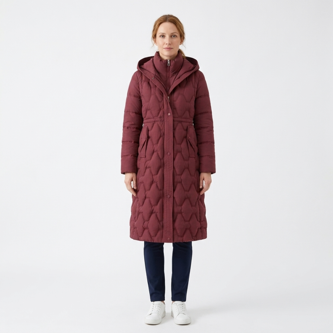 Daisy | Elegant Women’s Long Quilted Puffer Coat with Hood and Cinched Waist
