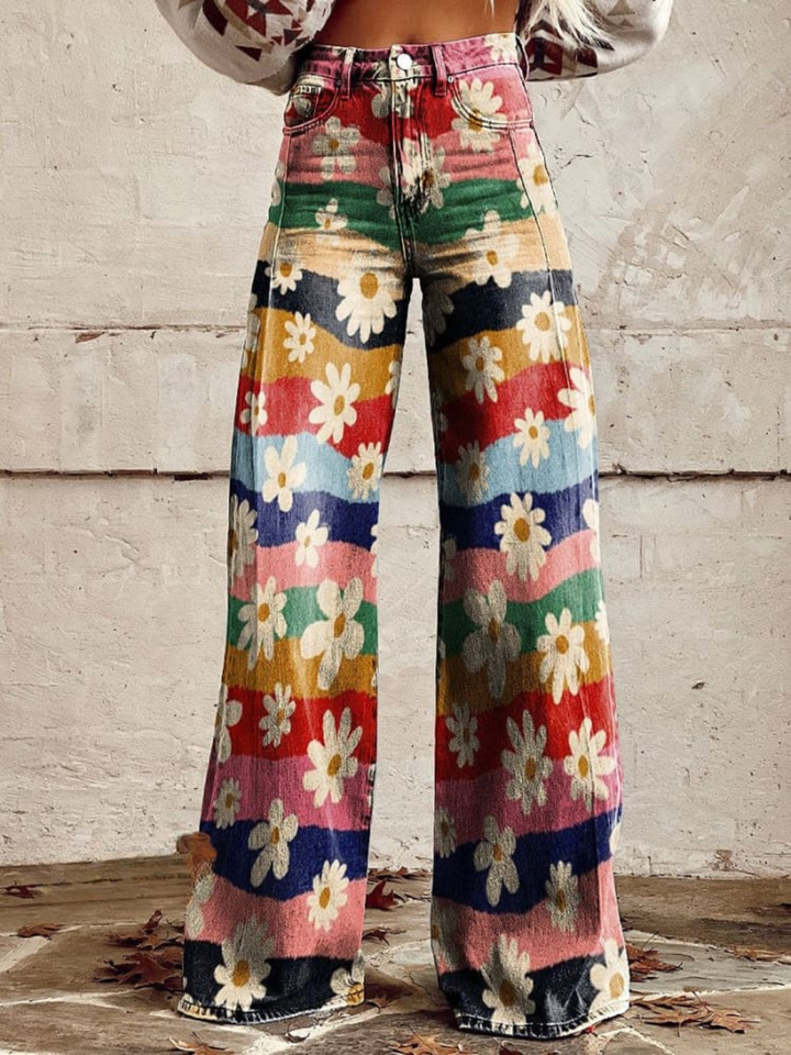 Lily™ - Pantalon large vintage rayé coloré à imprimé floral