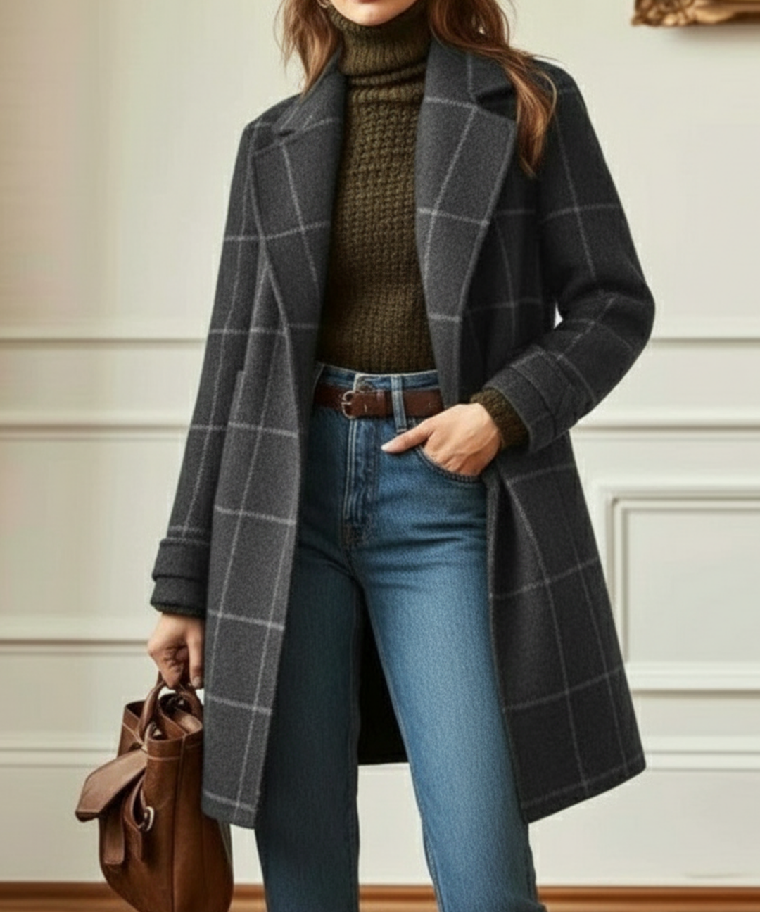Wool Blend Check Overcoat Lapel Collar Garment