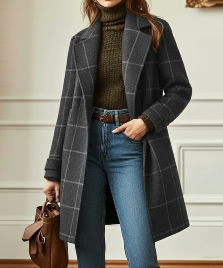 Wool Blend Check Overcoat Lapel Collar Garment