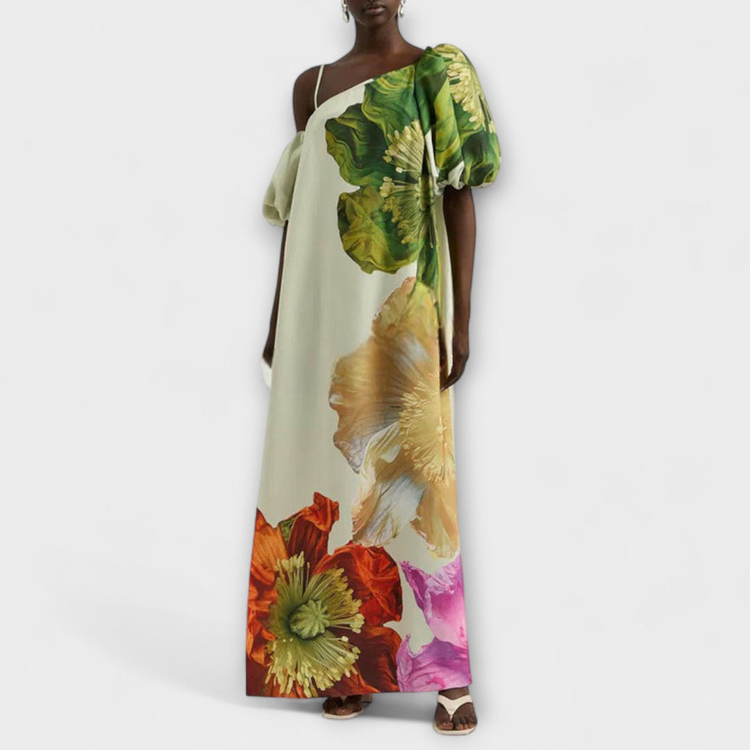 Skylar - Robe longue imprimé floral avec encolure asymétrique et manches bouffantes