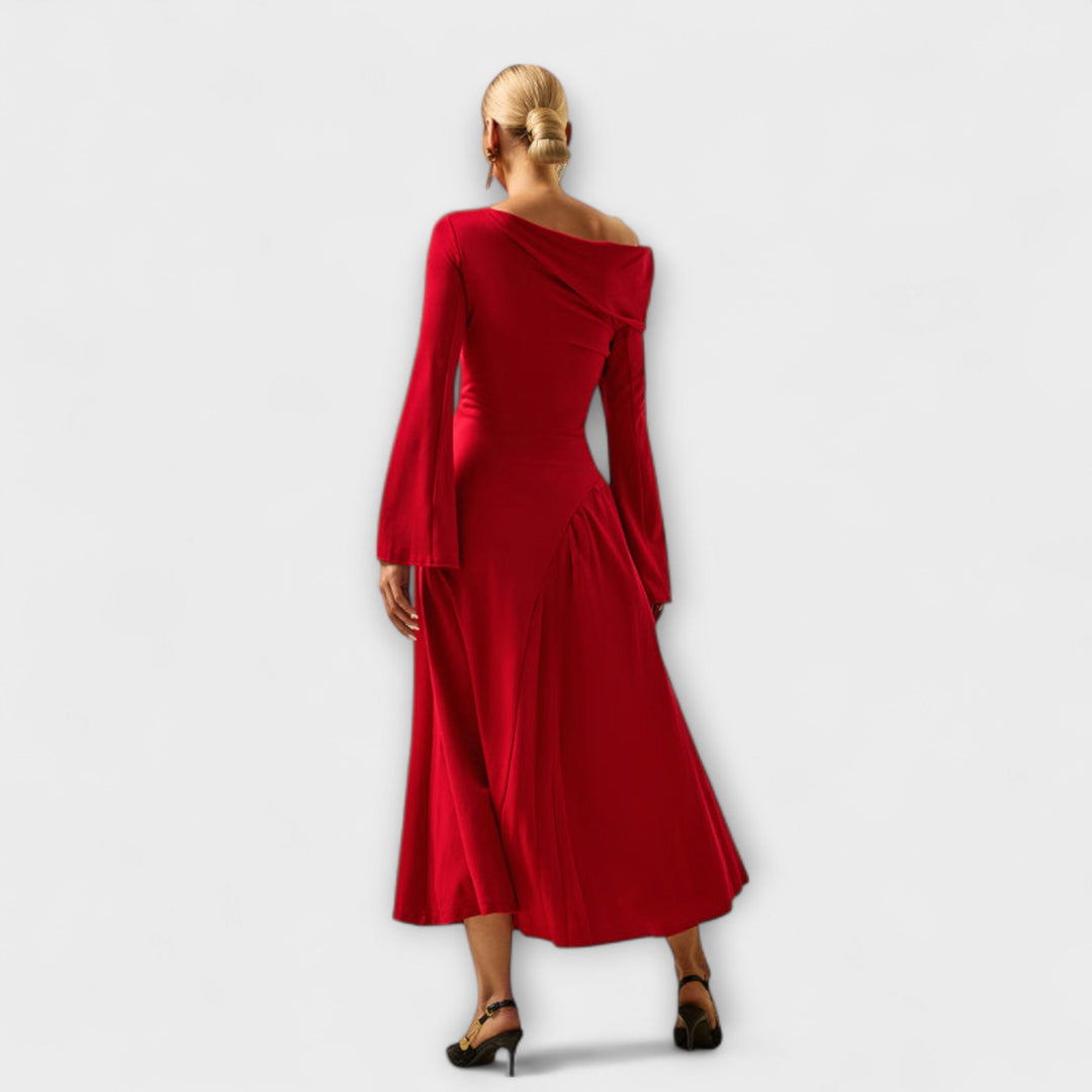 Willa - Robe midi à épaules dénudées avec manches ballon froncées