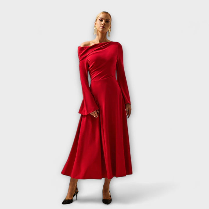 Willa - Robe midi à épaules dénudées avec manches ballon froncées