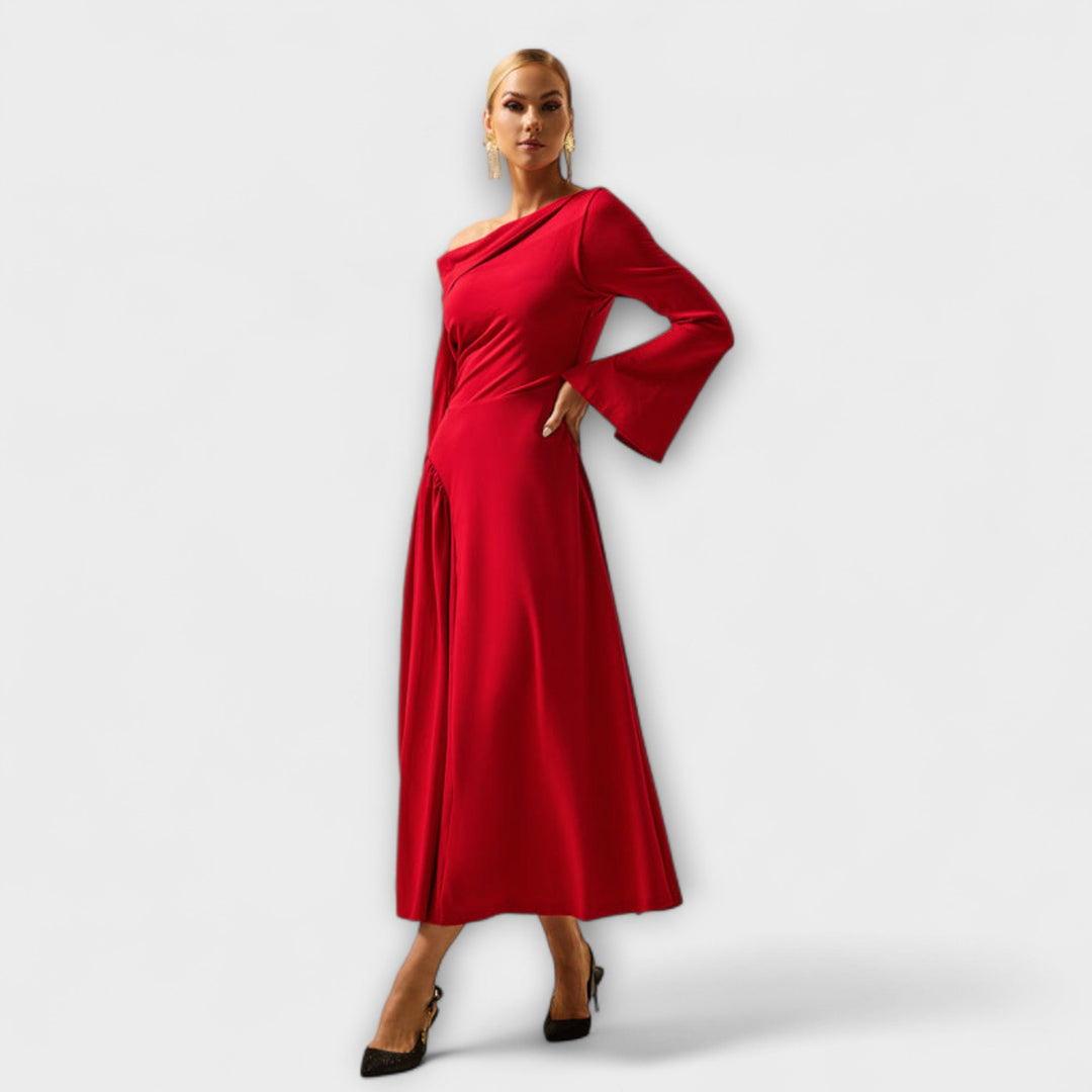 Willa - Robe midi à épaules dénudées avec manches ballon froncées