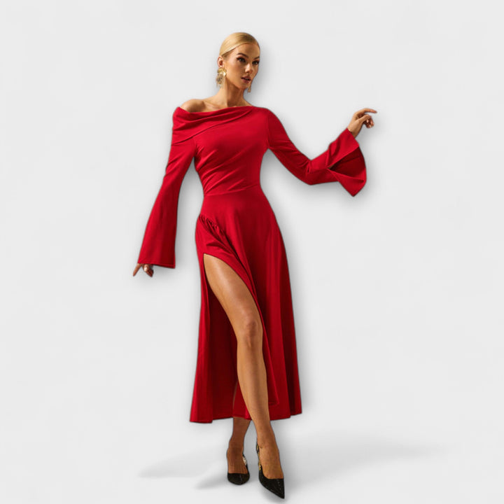 Willa - Robe midi à épaules dénudées avec manches ballon froncées
