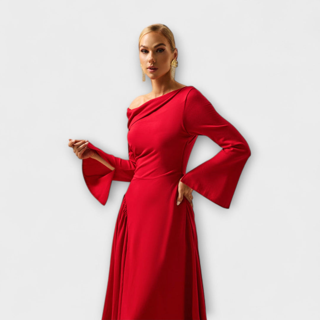Willa - Robe midi à épaules dénudées avec manches ballon froncées
