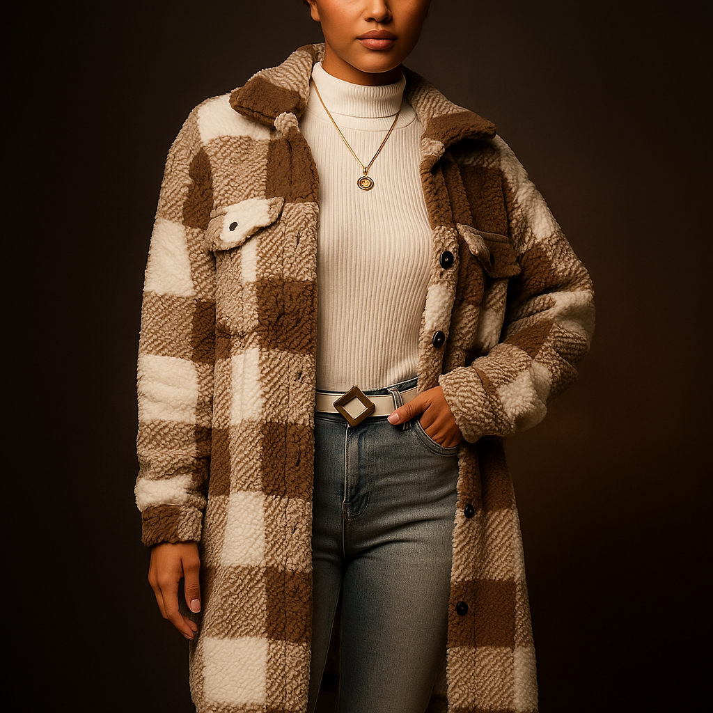 Tatum | Manteau en polaire pelucheuse à motif damier et col rabattable