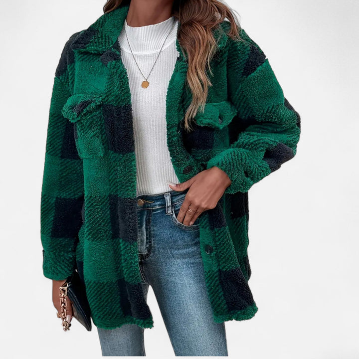 Marceline | Cozy Women's Sherpa Jacket with Checkered Pattern and Button Closure