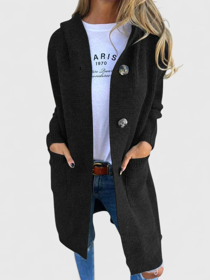 Cardigan long en maille côtelée, boutonné avec poches  