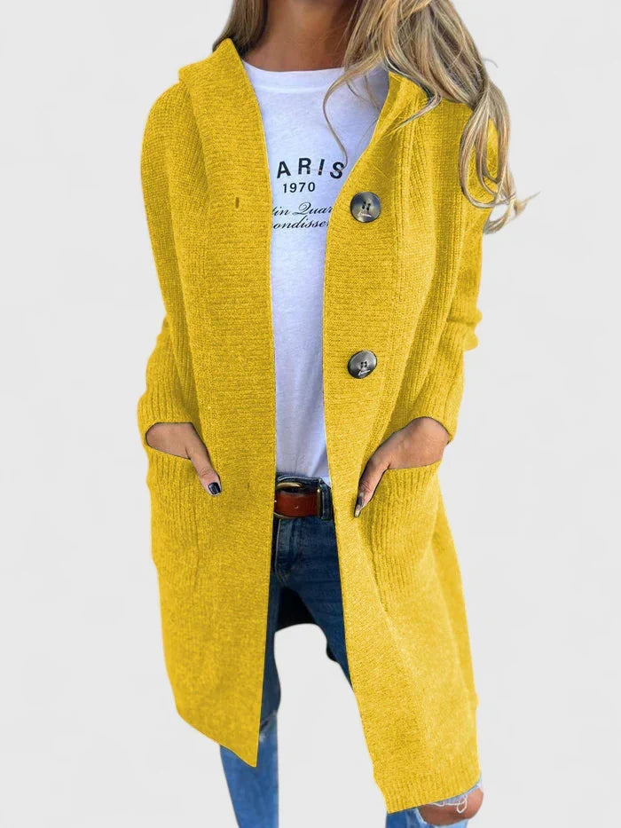 Cardigan long en maille côtelée, boutonné avec poches  