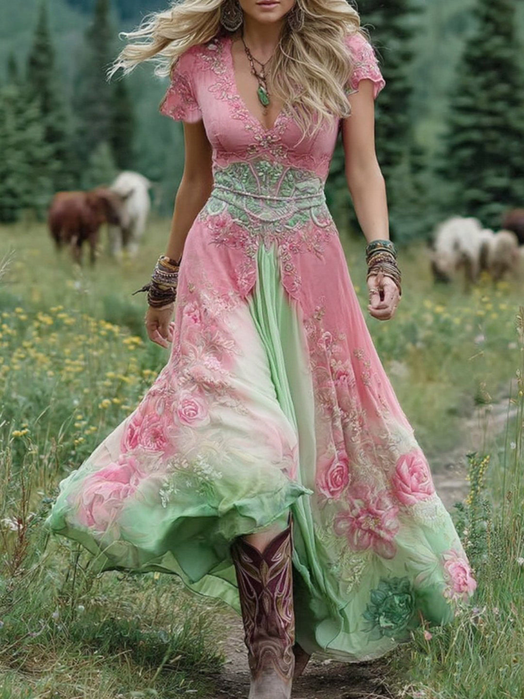 Robe courte maxi imprimée dégradé violet lavande et fleurs chic
