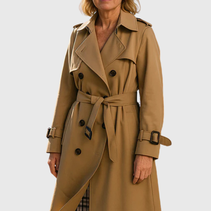 Women's Long Trench Coat Double Breasted Belted Lapel Outerwear