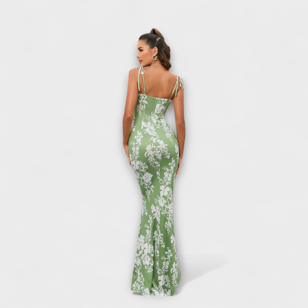 Thalia - Robe de bal imprimé floral avec bretelles nouées aux épaules