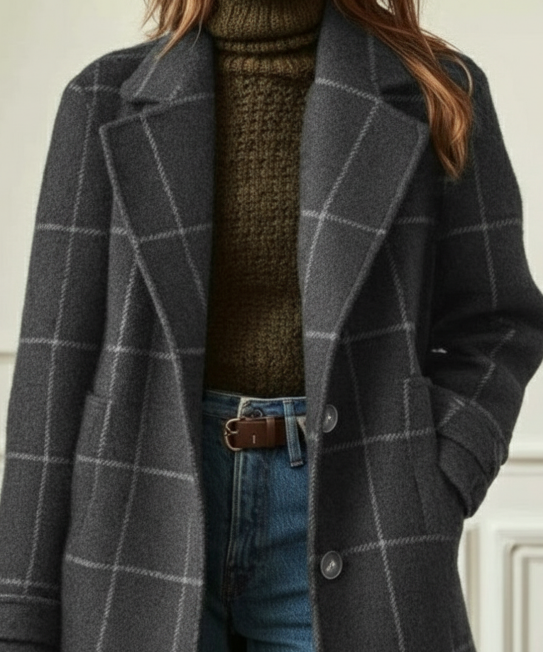 Wool Blend Check Overcoat Lapel Collar Garment