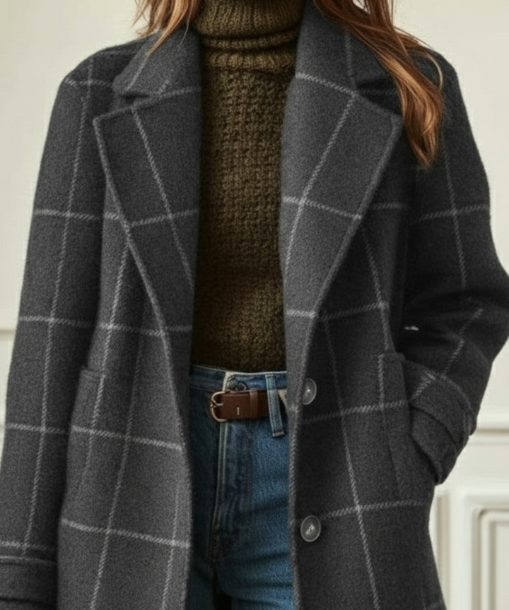 Wool Blend Check Overcoat Lapel Collar Garment