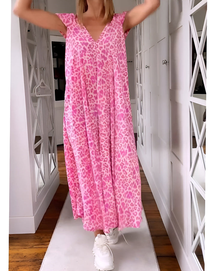 Véronique | Long Dress with V-Neck and Short Sleeves