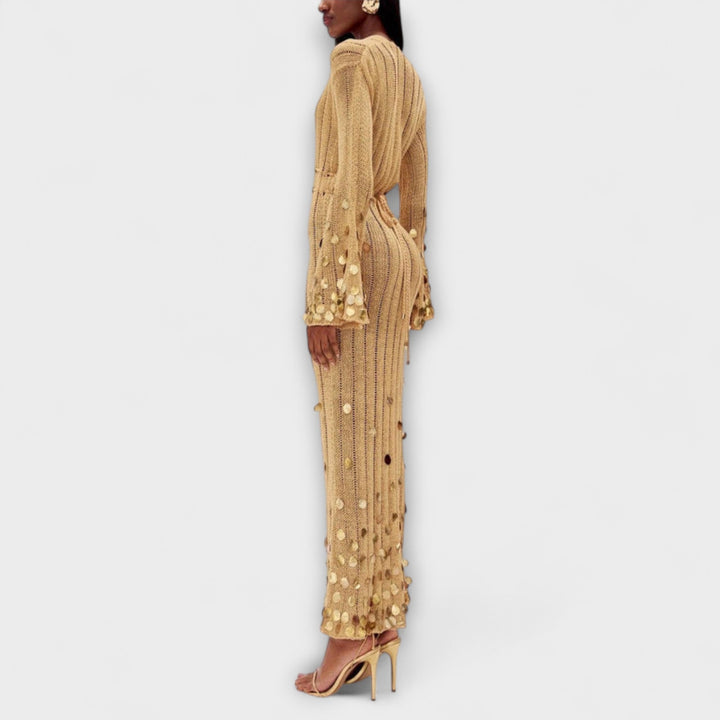 Kathleen - Robe maxi en maille dorée par Dolly