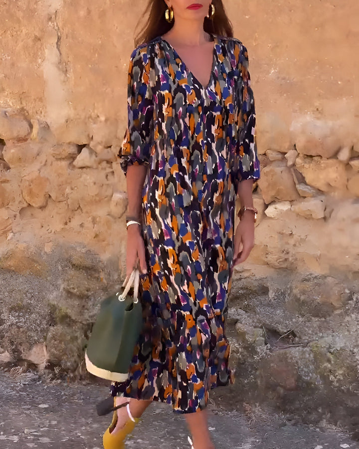 Nathalie | Robe rétro imprimée avec col en V