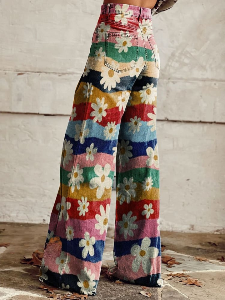 Lily™ - Pantalon large vintage rayé coloré à imprimé floral