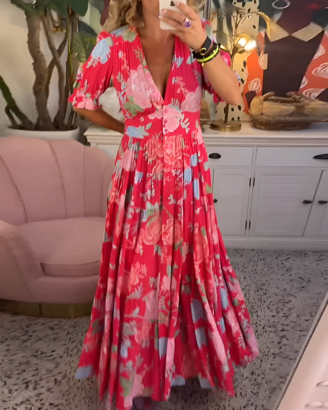 Carine | Robe avec poches et col en V à imprimé floral