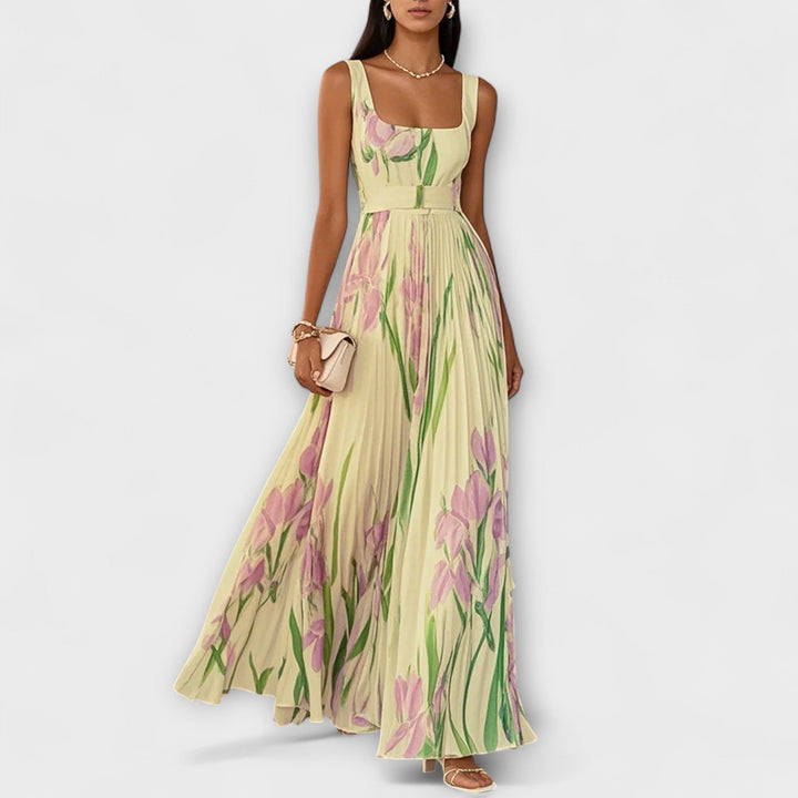 Robe maxi en chiffon floral plissé