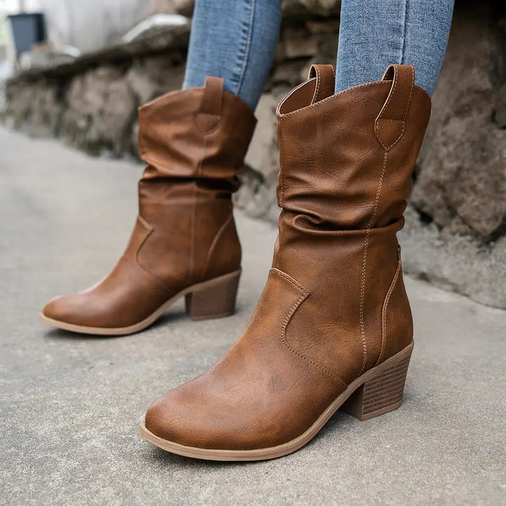 Valeria | Rugged Western Half-High Boots with Block Heel and Leather Construction
