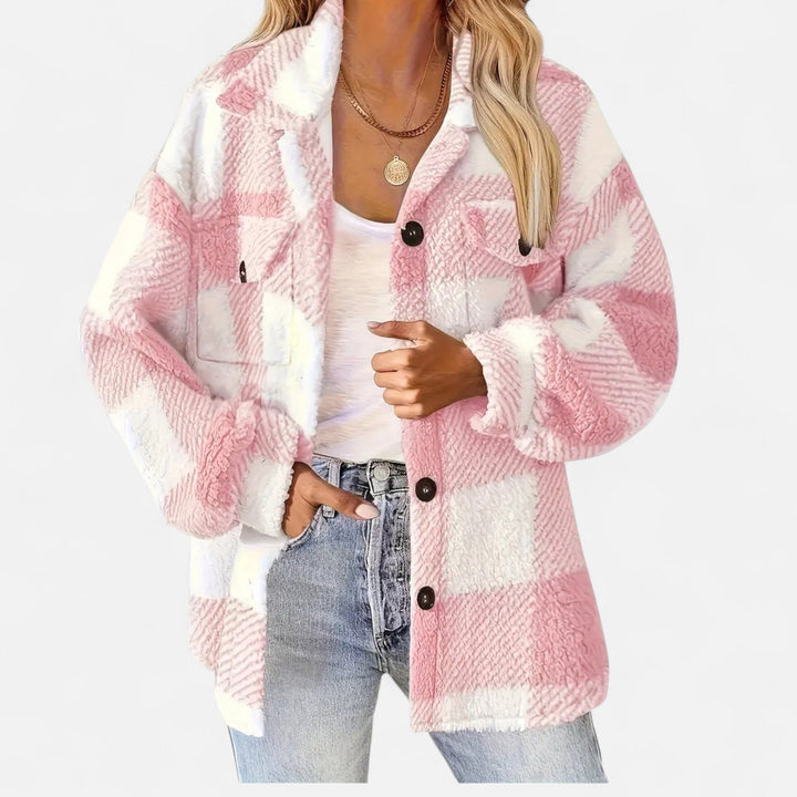 Marceline | Cozy Women's Sherpa Jacket with Checkered Pattern and Button Closure