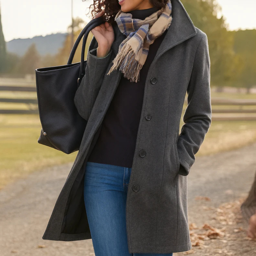 Trench-coat classique long pour femme en mélange de laine avec boutons sur le devant