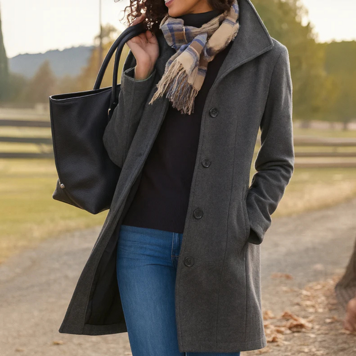 Trench-coat classique long pour femme en mélange de laine avec boutons sur le devant