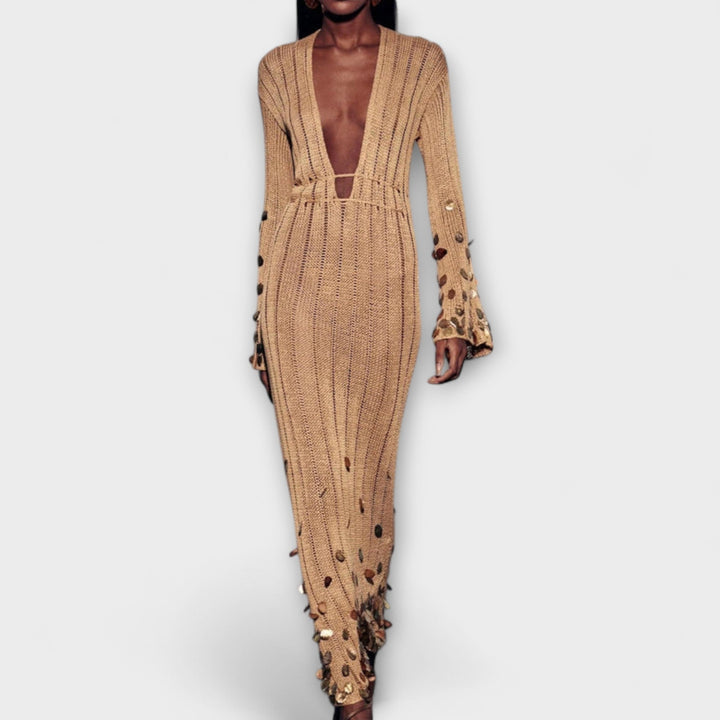 Kathleen - Robe maxi en maille dorée par Dolly