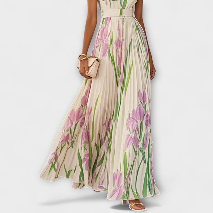 Robe maxi en chiffon floral plissé