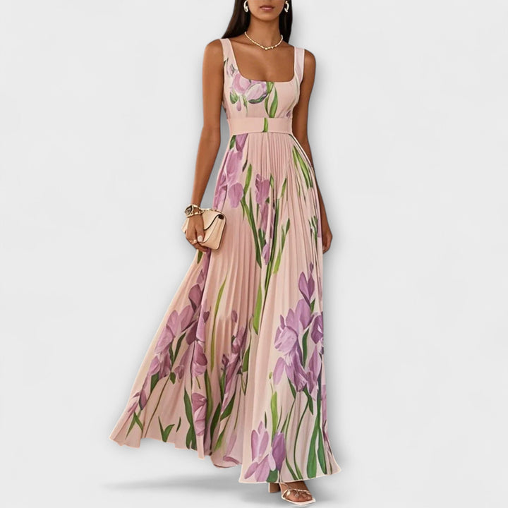 Robe maxi en chiffon floral plissé