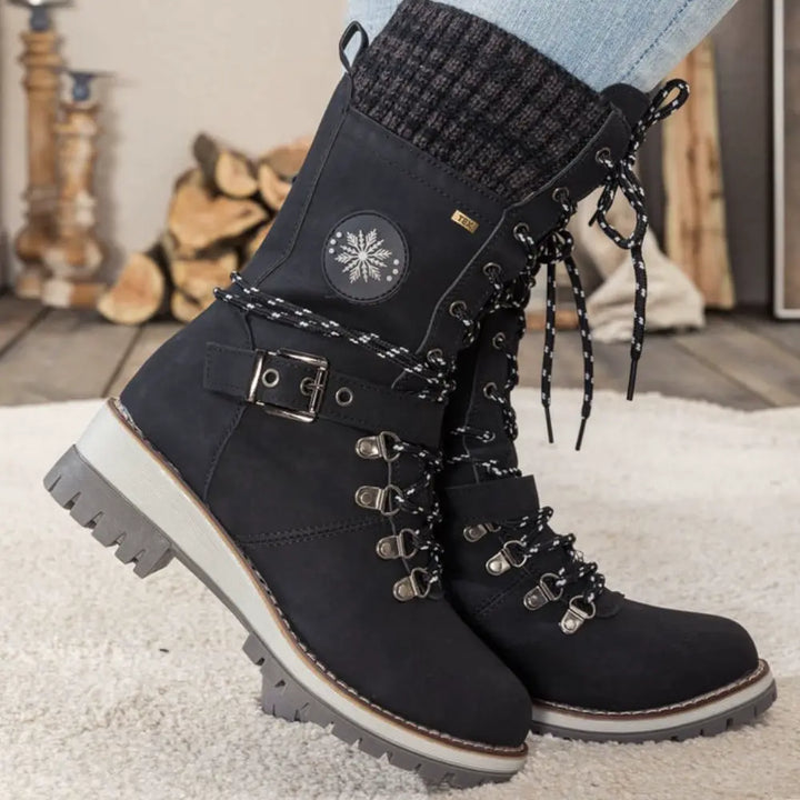Bottes d'hiver à lacets pour femmes – Bordure en tricot & boucle – Semelle antidérapante