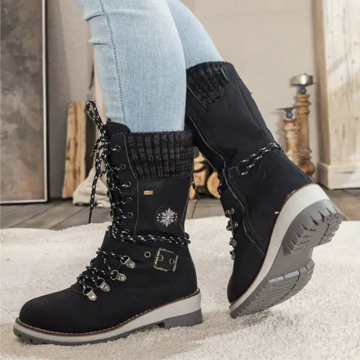 Bottes d'hiver à lacets pour femmes – Bordure en tricot & boucle – Semelle antidérapante