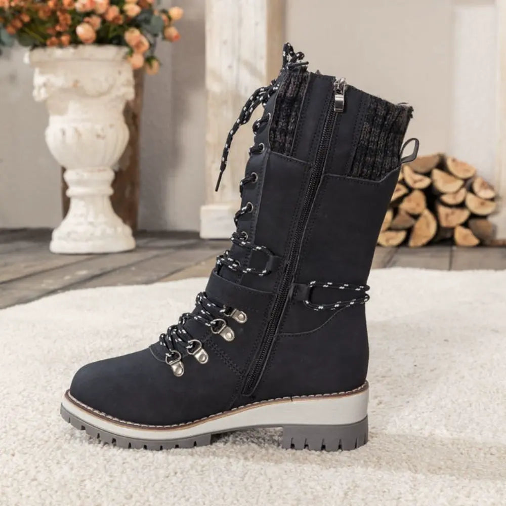 Bottes d'hiver à lacets pour femmes – Bordure en tricot & boucle – Semelle antidérapante
