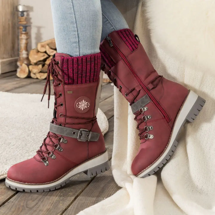 Bottes d'hiver à lacets pour femmes – Bordure en tricot & boucle – Semelle antidérapante