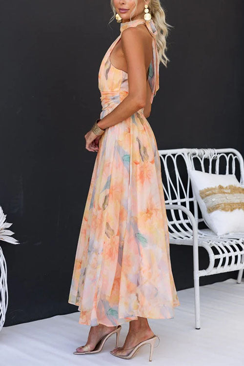 Robe maxi empire élégante en dentelle avec coutures ouvertes et imprimé aquarelle