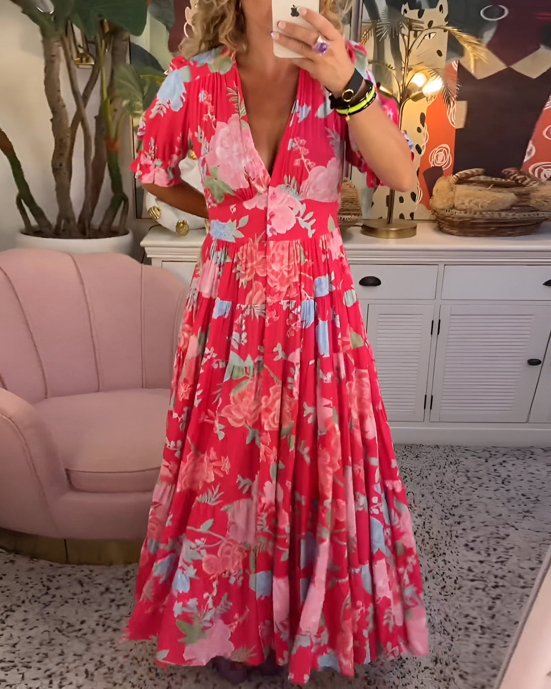 Carine | Robe avec poches et col en V à imprimé floral