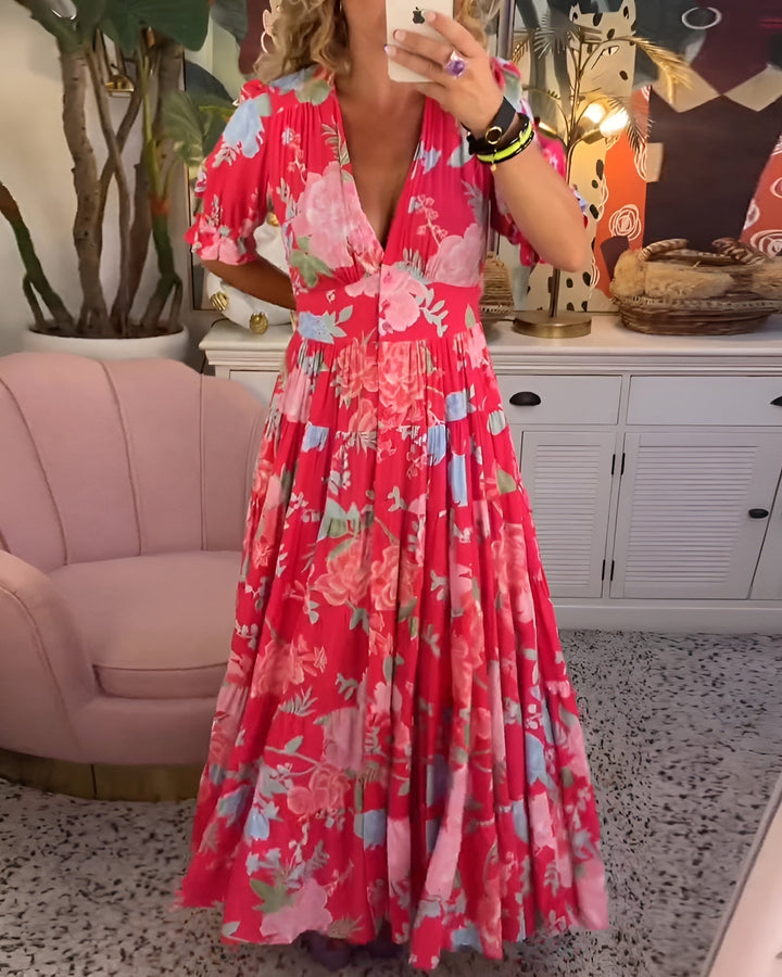 Carine | Robe avec poches et col en V à imprimé floral