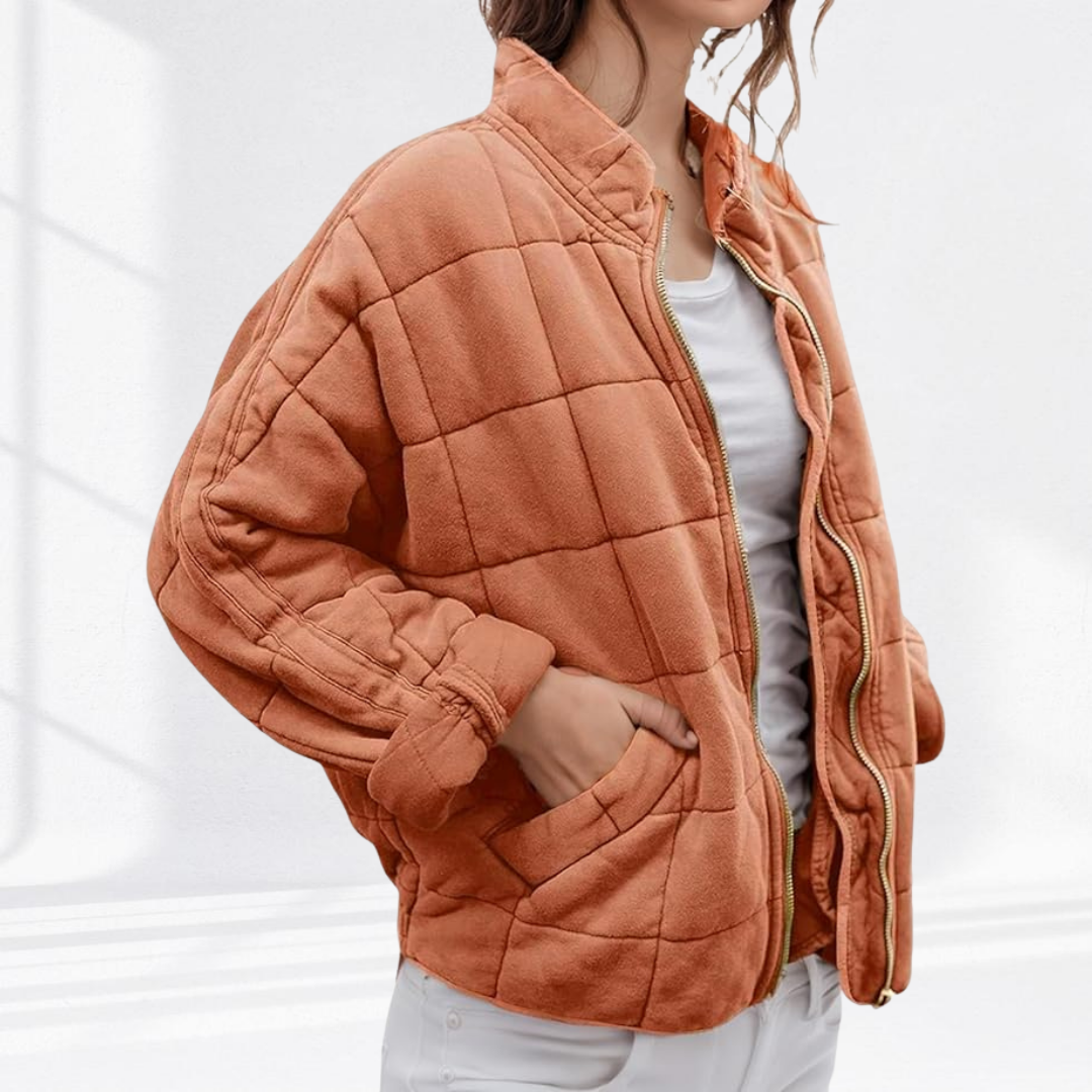 Women's Quilted Jacket Full Zip Stand Collar Casual Outerwear